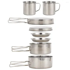 Conjuntos de panelas ao ar livre pote tigela kit 8 pçs utensílios de mesa de aço inoxidável conjunto portátil acampamento cozinhar pan acessórios cozinha