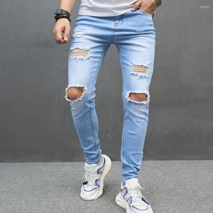 Men's Jeans Holes Skinny Biker Pants Spring Male Ripped Distressed Stretch Casual Blue Beggar Pencil Denim