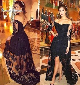 Classic Black Prom Dresses Off Shoulder Lace Appliques Long Sleeves Beads High Low Evening Party Gowns9940224