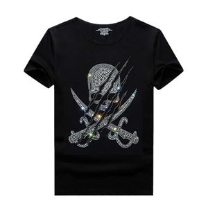 2024 Summer European Men's Round Neck T-Shirt Short Sleeved Personalized Hot Diamond Skull Demon Thin Casual Men's T-Shirt