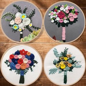 Outras artes e artesanato 3D Europa Bouquet Cross Stitch Kit com Bordado Hoop Segurando Flores Bordado Iniciante Decoração de Casamento 300U