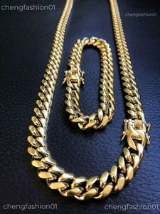 10 mm Męskie Miami Cuban Link Bransoletka Zestaw łańcucha 14 -karatowego złotego stali nierdzewnej