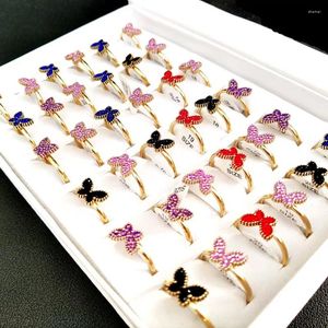 Cluster Rings 25Pcs/Lot Bright Zircon Colorful Butterfly For Women Gold Color Stainless Steel Charm Ring Girls Ins Jewelry Wholesale