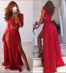 Röd paljett v hals sexiga svarta flickor prom klänningar lång delad front afrikansk kväll formella klänningar 2019 vestidos de fiesta7959824