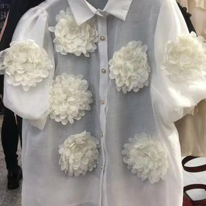 Women's Blouses Real Pos 2024 Summer Short Sleeve 3D Flowers Mesh Shirts And For Women Sexy See- Through White Black Tops