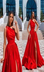 Split Red Evening Dresses 2023 New A Line One Shoulder Sleeveless Long Satin Prom Party Gowns Formal Occasion Vestidos BC155554689732