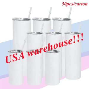 Local Warehouse20oz sublimation straight tumbler blank white skinny tumblers seamless water bottle with straw and lids 50pcs ca311a