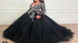 Ny ankomst sexig v hals svart muslimsk prom klänningar 2020 full ärm handpärlor sequin crystal ball klänning tyll aftonklänningar dubai5857000