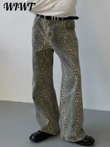 Y2K Women Leopard طباعة الجينز بنطلون أزياء غير رسمية سروال الساق على نطاق واسع الإناث 2024 الربيع الصيف الأزياء الشارع سيدة بانت 240309