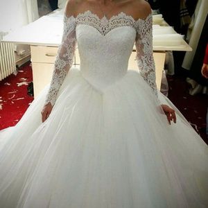 ZJ9151 Seksowna wysokiej jakości sukienka ślubna 2021 Ball Suknia Elegancka biała kość słoniowa Długie rękawowe sukienki panny młodej koronki Dół 2253