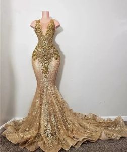 Diamonds Gold Long Evening Dresses Sparkly Beads Rhinestone Crystal Sequins Birthday Party Prom Gown Reception Robe 0303