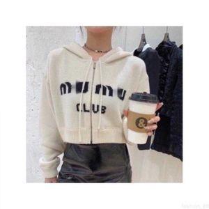 designer Zipper short knitted cardigan with casual hooded design, age reducing fashion, front chest letter print, full of fashion S34T