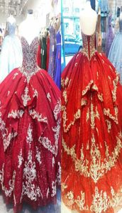 Bling Sequins Tulle Ball Gown Prom Sweet 16 Dresses Dark Red Gold Embroidered Applique Beaded Ruffle Skirt Quinceanera Dress For W7281112