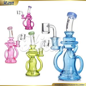 Hittn 7.5 Inches Dab Rig Recycler Bong Showerhead Perc Hookahs Bent Neck Glass Water Bong with 14mm Quartz Banger Green Pink Purple Blue