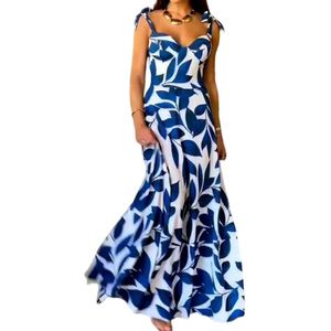 Light and Stylish Summer New Arrival High-Waisted Strappy Maxi Dress Blue Design Plant Floral Print Showcasing Elegant Office Vibes