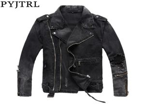 Pyjtrl New Mens Autumn Winter Thick Vintage Holes Ripped ripped ripted coated Black denim jacket for Motorcycle zippers Outwear 2011232494886