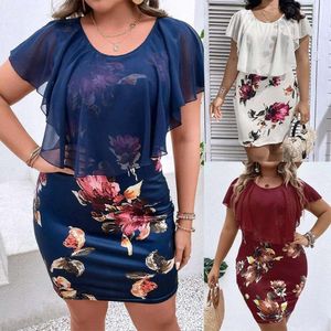 Verão chiffon em torno do pescoço vestidos de malha impresso tamanho grande solto bainha vestido roupas femininas