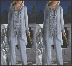 Gelin Damadının Annesi 3 Parça Pantolon Takım Gümüş Şifon Plajı Düğün Anneler Elbise Uzun Kollu Boncuklar Resmi Akşam Giyim