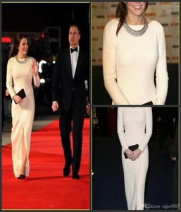 White Elastic Satin Floor Length Evening Dresses Long Sleeve Front Slit Kate Middleton Original Celebrity Dresses Red Carpet Dress3844076