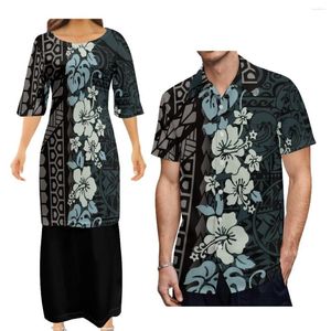 Vestidos casuais vestido de pescoço da tripulação feminina Puletasi e Aloha camisa masculina polinésia com roupas combinando