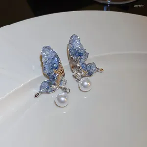 Kolczyki stadnonerskie Blue Crystal Butterfly romantyczne kolczyki dla kobiet ręcznie robione koreańskie wodę perłowe bajki kołki krople pierścienia ucha