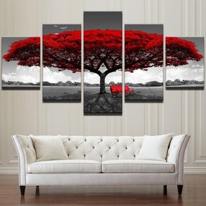 Modułowe na płótnie wydruki HD Plakaty Wzór domu Wall Art Zdjęcia 5 sztuk Red Tree Art Sceneria Scenerie Paincape RAMKEWORKS260W