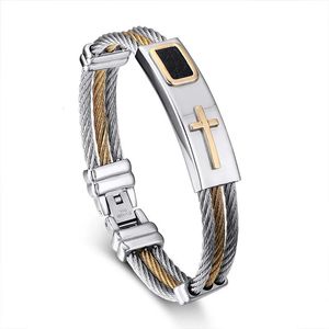 Fashion Male Cross Cable Bangles Twisted Color Gold Stainless Steel Jesus Cross Charm Cuff Wire Bracelets Jewelry For Men 240228