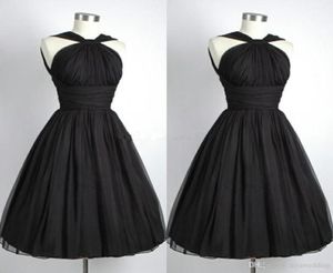 Schwarze Abschlusskleider unter 100, Vintage-Partykleid, A-Linie, Neckholder, Chiffon, plissiert, kurze Cocktailkleider für Abschlussfeiern7583654