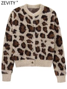 Zevity Women Fashion Leopard Print Fur Effective Short Knitting Sweater Female Chic Long Sleeve Buttons Kimono Coats Tops CT5834 240227