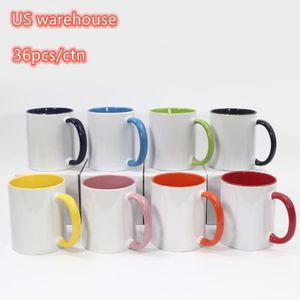 Canecas de café coloridas internas de sublimação de 11 onças do armazém dos eua canecas de cerâmica peroladas com alça colorida cups3094