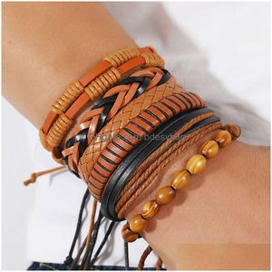 Charme pulseiras artesanal corda couro trançado mtilayer madeira frisado conjunto de jóias ajustável decoração pulseira para homens entrega gota dhr2j