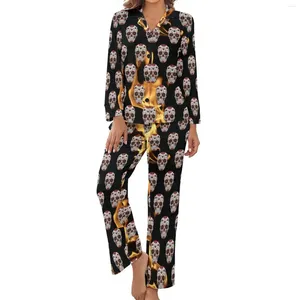 Women's Sleepwear Sugar Skull Print Pajamas Long Sleeves Halloween Mexican Two Piece Bedroom Pajama Sets Spring Women V Neck Soft