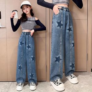 Büyük Kızlar Okul Geniş Bacak Pantolon Yıldız Deseni Gevşek Gevşek 2023 Bahar Moda Kotları Çocuk Kore tarzı Pantolon 240227