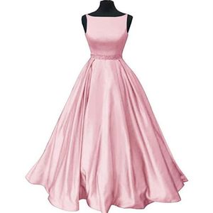 Beaded Scoop Neckline Satin Long Formal Dress 2019 Floor Length Evening Gowns Vestidos De Festa Pink Burgundy Navy1809