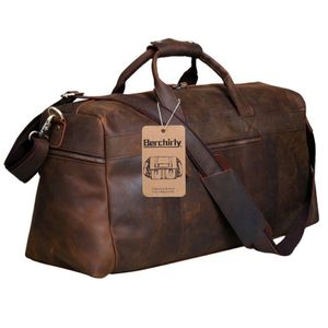 Berchirly vintage cavalo louco couro genuíno dos homens duffle bagagem de viagem natural grande saco fim de semana hangbag lj200922220e