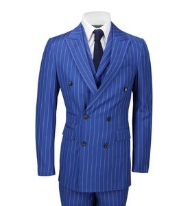 Mens Suits 3 Piece Double Breasted Wide Chalk Stripe Suit Royal Blue Classic Retro Fit Groom Wear Formal Occasion Dress Wedding TU6094185