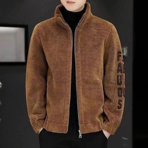 Autumn and Winter Mens Fleece Standing Neck Jacket Mens Embroidered Sweater Leather Wool Lamb Fleece Coat Clothes Top 240228