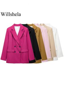 Willshela Women Fashion مع جيوب Khaki مزدوجة الصدر السترة خمر الرقبة الأكمام طويلة الأكمام أنثى أنيقة سيدة الملابس 240229