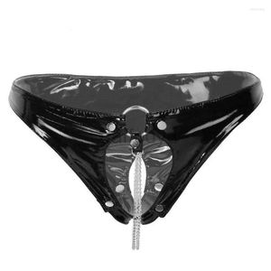 Panties Women's Womens Panties Erotic Crotchless Chain Women Lingerie Faux Leather PVC Thongs String Latex Fetish Underwear G-string Tangas Mujer Porn ldd240311