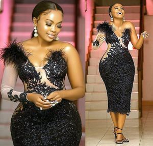 2021 Plus Size Arabic Aso Ebi Black Sexy Lace Prom Dresses One Shoulder Tea Length Evening Formal Party Second Reception Bridesmai4089735