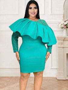 Plus Size Dresses Women Green Club Party Dress Lace Patchwork Ruffle Long Sleeve Bodycon Pencil Mini Gowns Evening Cocktail Event Wear