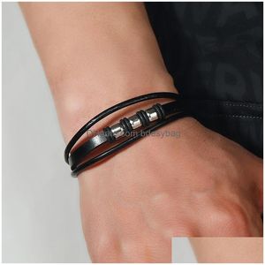 Charme Pulseiras Handmade Cor Preta Corda Trançada Couro Frisado Retro Liga Ajustável Jóias Para Homens Drop Delivery Dhho8