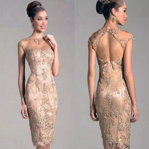 2019 BLING BLING SEXY MOTHER OF BRIDE Dresses Jewel Sheer Neck Open Back Mermaid Appliuqed Lace Kne Length Cocktail Dresses242G