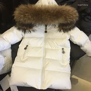 Пуховое пальто, детская куртка для маленьких мальчиков и девочек, воротник из натурального меха енота, съемный, для детей от 2 до 12 лет