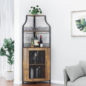 Gaomon Corner Bar Bar Rack Cabinet مع رف نبيذ قابل للفصل ، حامل زجاجي ، لوح صغير وخزانة بوفيه مع باب شبكة (بني ريفي)