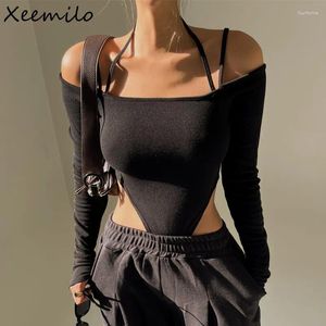 Casual Dresses Xeemilo Sexy Off Shoulder Halter Bodysuit Aesthetic Spaghetti Straps Long Sleeve T Shirt Women Slim Fit Party Clubwear