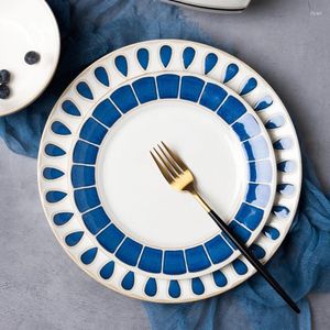 Тарелки с синим огнем, керамическая домашняя винтажная тарелка для ужина/стейка/завтрака, простая большая тарелка для использования в микроволновой печи
