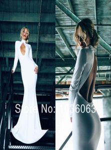 Sexy Open Designer Long Sleeves High Neck Backless White Jersey Evening Dress Prom Party Gowns Vestido De Fiesta2608160