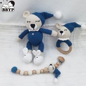 1 Set diy virkning björn baby teether född bunny rattle leksak trämolar tandring pacifier klämmor kedja saker 240226