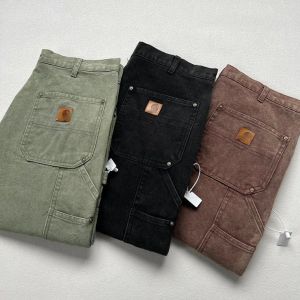 Calças de grife lavadas e usadas, calças de trabalho com vários bolsos e lona de joelho duplo, perna reta e calças de registro